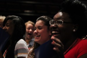 Students listen to comedian Maria Falzone describe her first sexual experience. Photo by Daniel Cardenas.