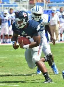 Owls quarterback Jaquez Johnson (seen here at the Sept. 21 game against MTSU) scored FAU's only touchdown at Auburn during the first half. FAU lost to the Tigers 45-10 Saturday night. Photo by Michelle Friswell.