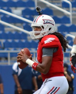 After being ruled academically ineligible for the 2012 season, FAU quarterback Melvin German was given the “all clear” for 2013 by head coach Carl Pelini. Photo by Ryan Murphy.