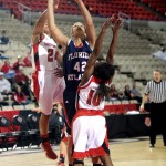 FAU center Jasmine Queen getting double-teamed by ULL. Photo courtesy of ULL Media Relations.