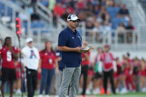 Head coach Tom Herman commanding his team on the sidelines during FAU's season opener against Monmouth University on Sept. 2, 2023. FAU won that game 42-20.