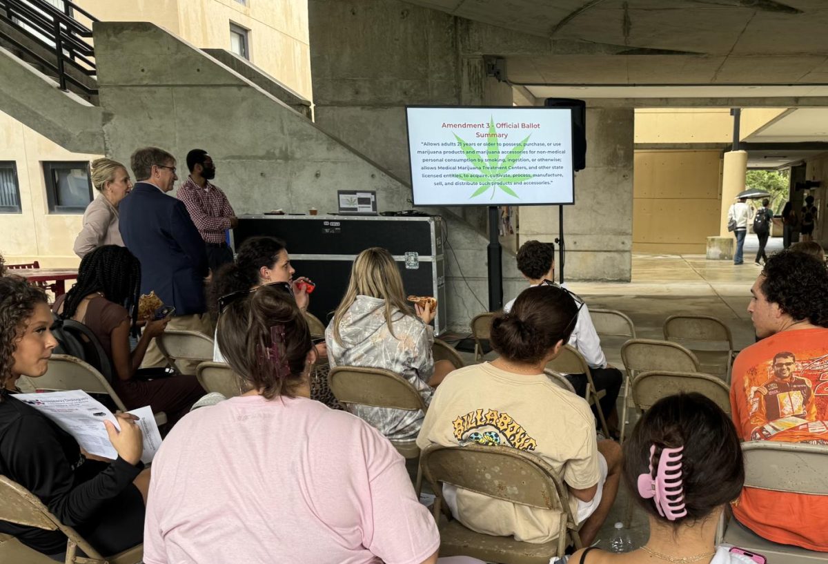 Students and faculty outside the FAU Social Work and Criminal Justice building for the “Breezeway Dialogues” on Sept. 25.