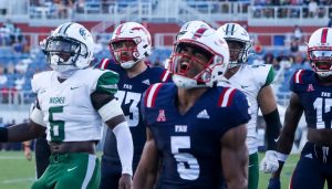 FAU running back CJ Campbell Jr. celebrating after a run against Wagner University.