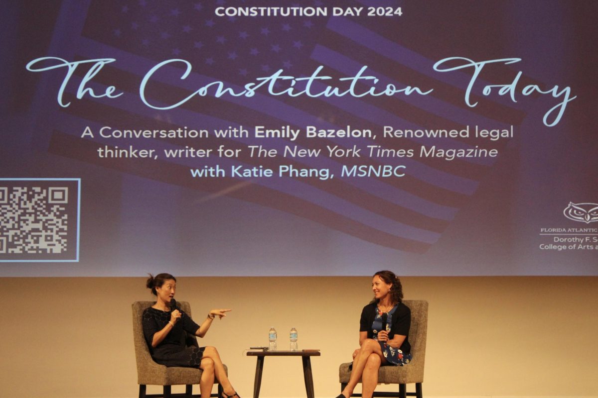 Journalists Emily Bazelon and Katie Phang hosting FAU's event "The Constitution Today" on Sept. 17.