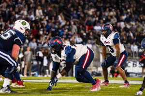 Defensive lineman Prince James Boyd lining up at the University of Connecticut on Sept. 21. 