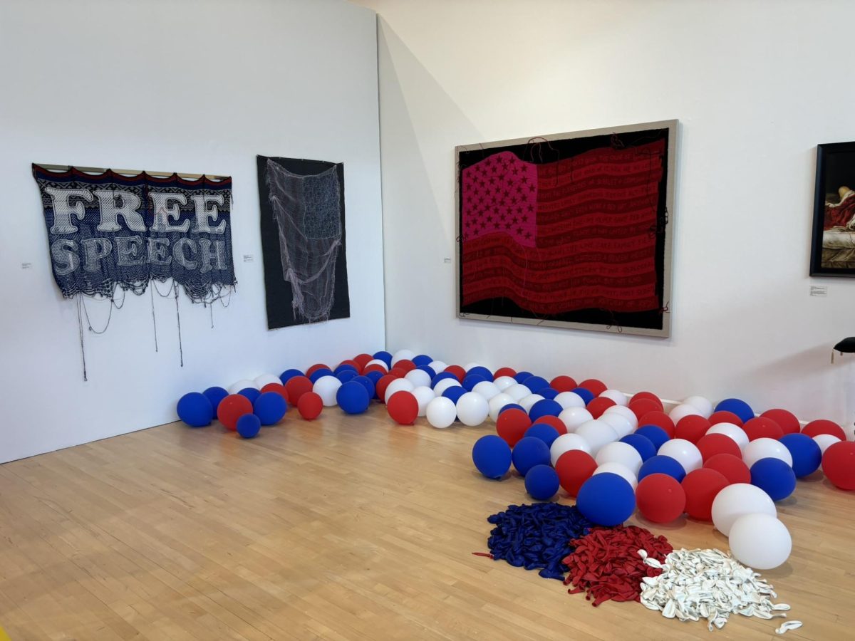 Various artworks featuring phrases "Free Speach" and images of United States Flags displayed in the Schmidt Center Gallery Political Circus.