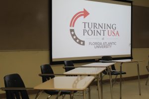 The empty seats where the debaters would sit for the "FAU College Republicans vs. Democratic students" debate, hosted by FAU's TPUSA chapter on Oct. 4.