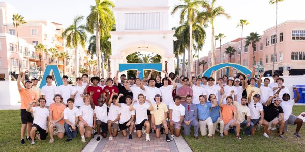 A group photo of FAU's Alpha Tau Omega fraternity at the 'Buffalo Bash' event. 