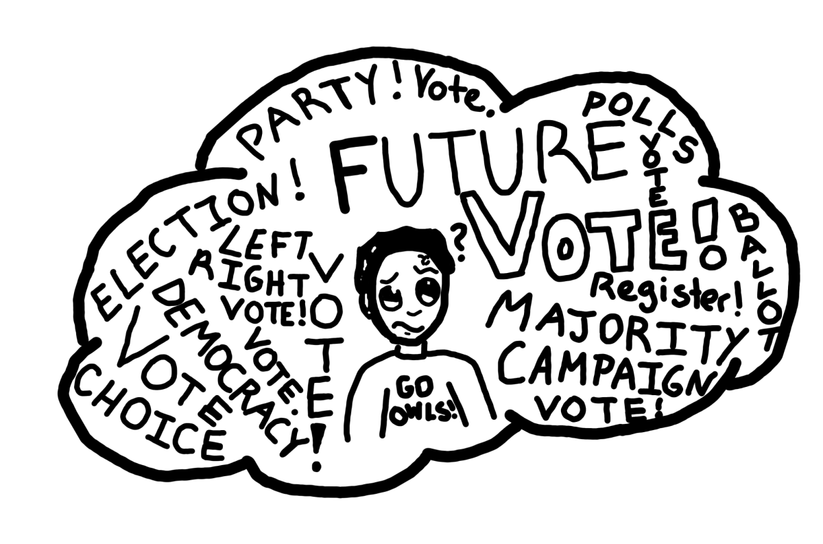 An illustration of a student overwhelmed by the responsibility of casting a vote.