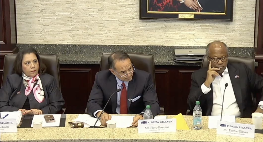 FAU Interim President Stacy Volnick, BOT Chair Piero Bussani and BOT Vice Chair Earnie Ellison (left to right) listen as other trustees approve the position criteria during Tuesday's meeting. Screenshot courtesy of the BOT meeting livestream.