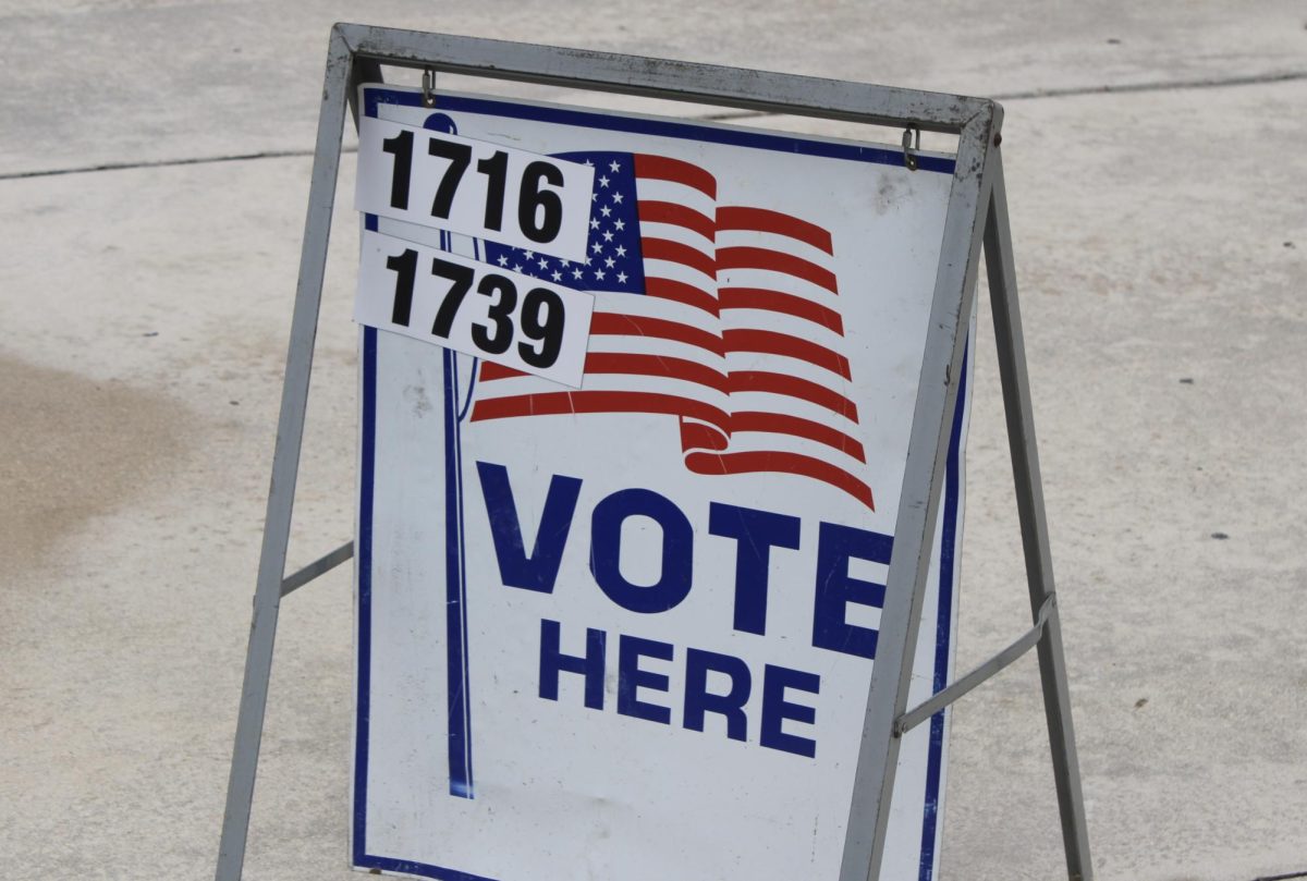 A sign in front of the voting poll on Nov. 5 at FAU’s Boca Raton Campus in the Eleanor R. Baldwin Basketball Arena lobby