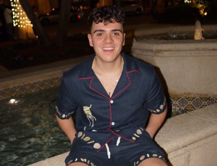 Angelo Galestro, or Cousin Angelo in front of a fountain in Mizner Park.