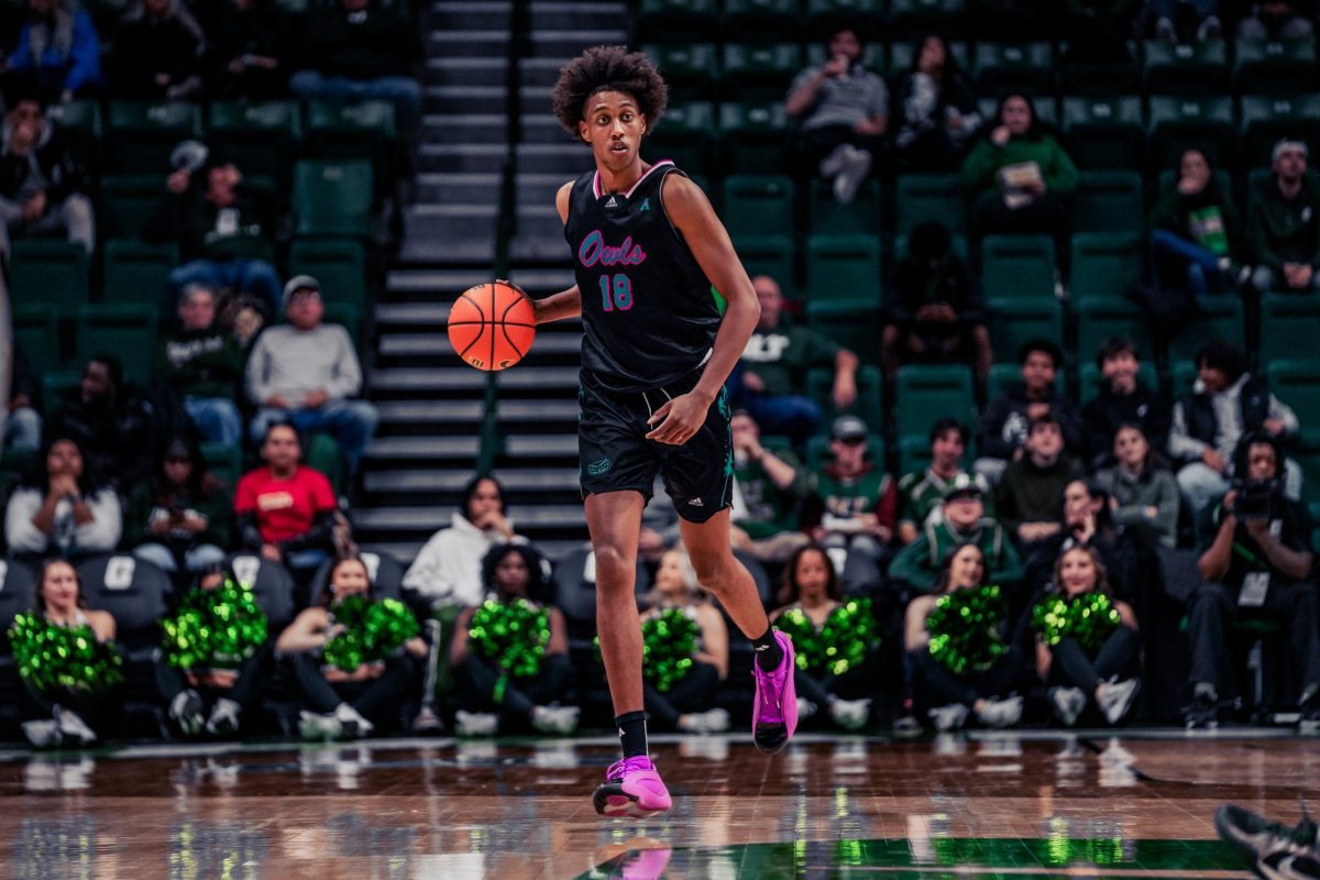 Forward Baba Miller dribbling during the Owls 75-64 win over Charlotte. Miller ended the night with his second highest shooting game of the season scoring 20 points.