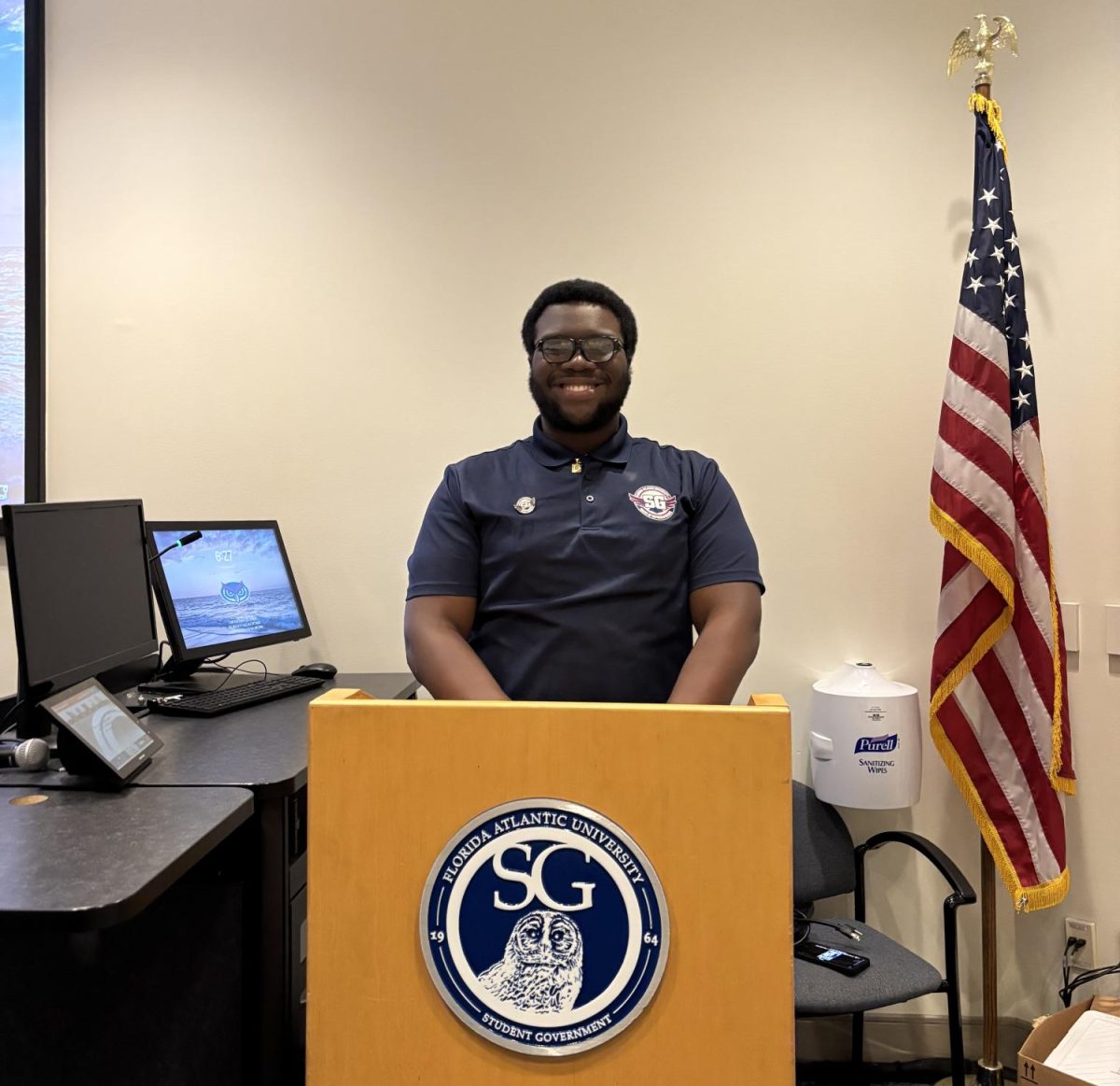 Elijah Roberson, the new Speaker of the House for FAU's Boca Raton campus, posing after a Jan. 10 meeting.