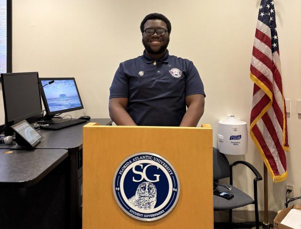 Elijah Roberson, the new Speaker of the House for FAU's Boca Raton campus, posing after a Jan. 10 meeting.