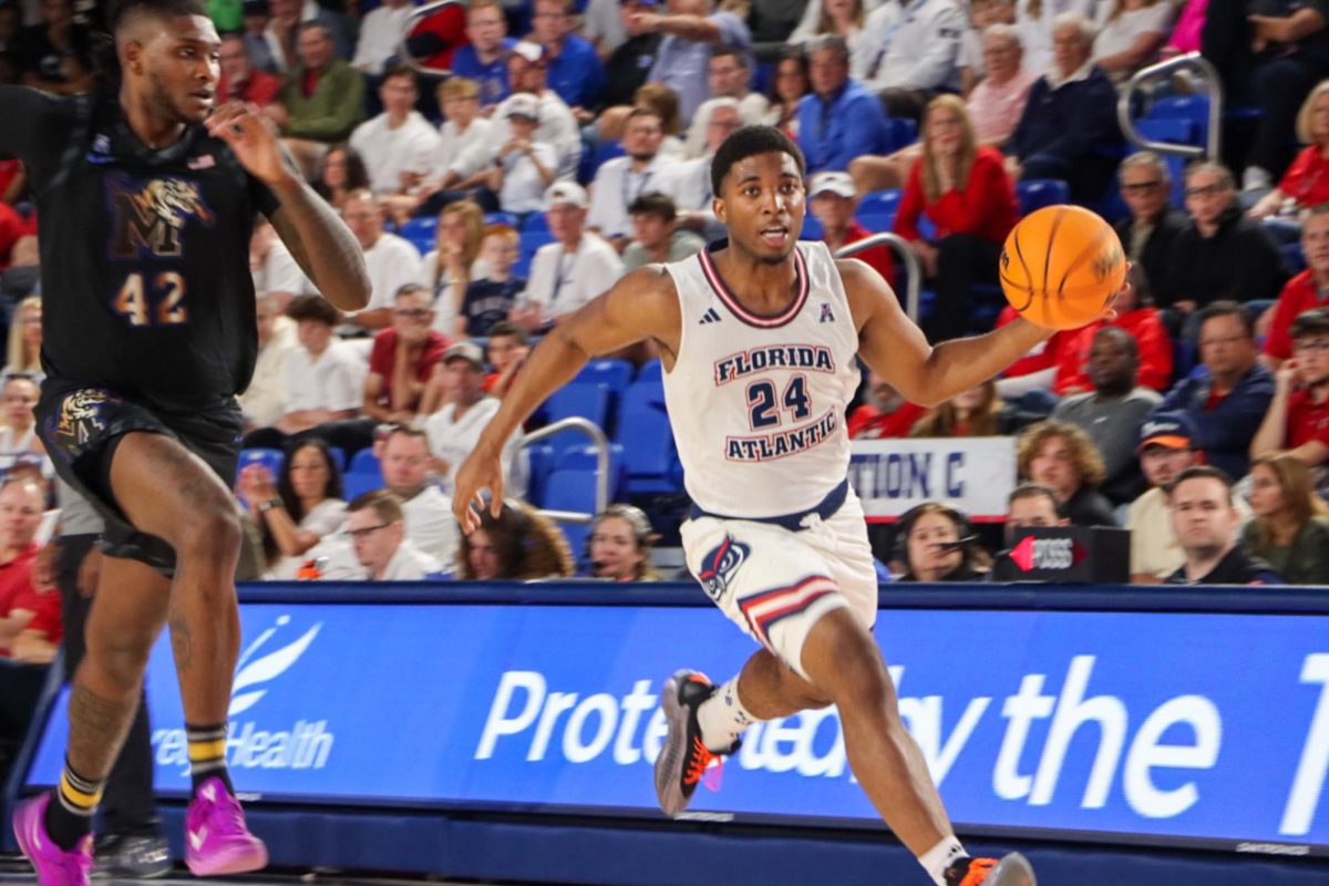 FAU's guard Kyky Tandy dribbling the ball against in their first conference game against Memphis on Jan. 2. 