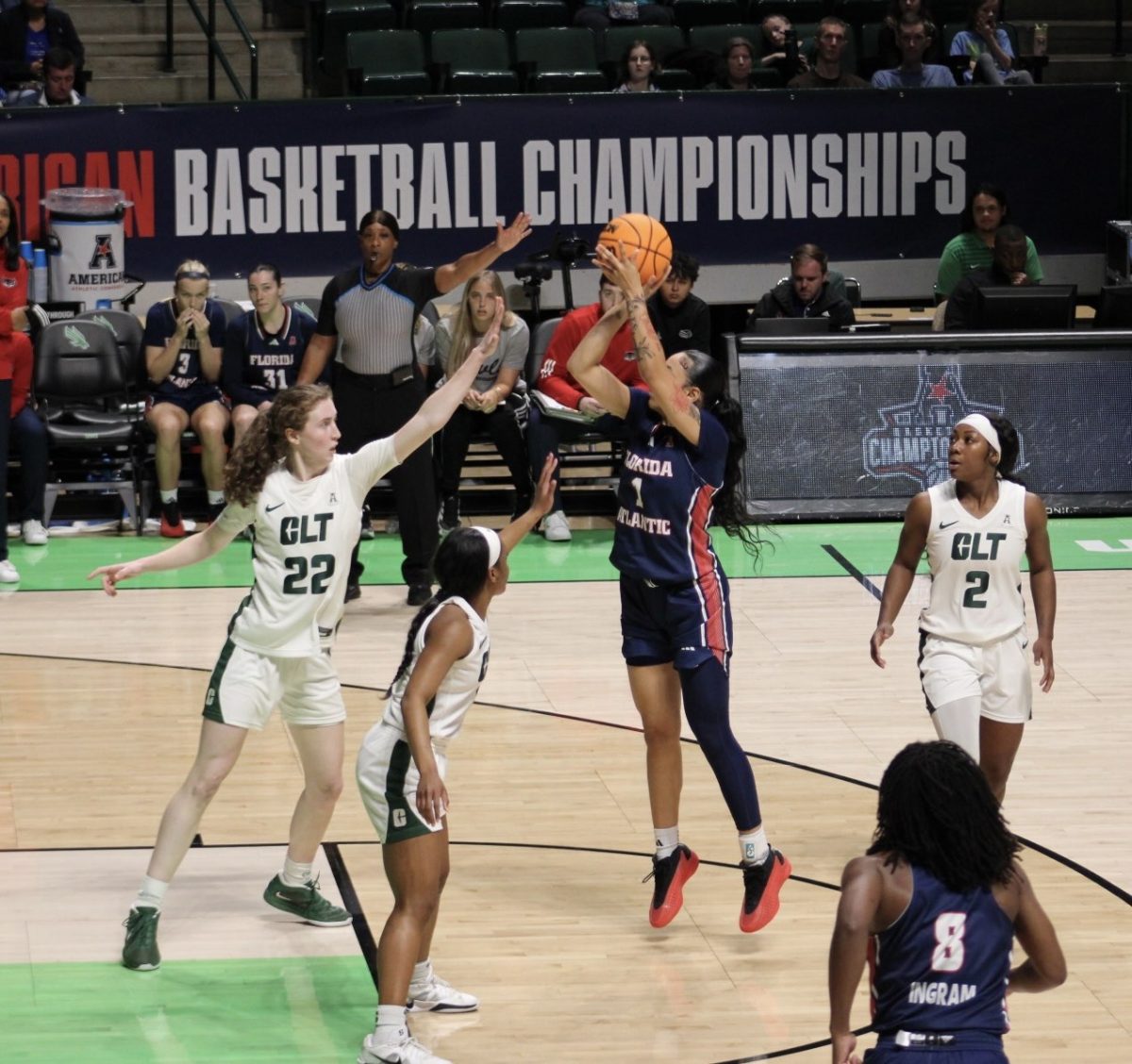 FAU's guard Mya Perry shooting during their AAC Tournament game on March 8 against Charlotte. The Owls fell 55-51 to the 49ers. 