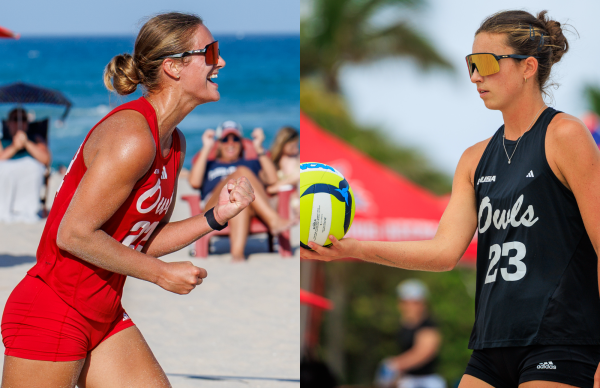Marketa Svozilova (left) and Julie Honzovicova (right) playing in their respective volleyball matches for FAU.