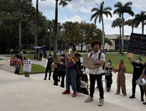 Members of the march on April 16 standing in front of the Administration building.