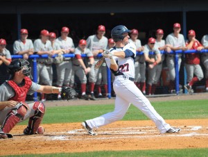 Designated hitter Brendon Sanger picked up two RBI's in the win against Alabama to finish the seriers.  Photo by Michelle Friswell.