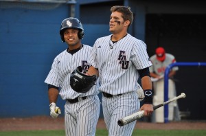 Last season former FAU second baseman and catcher Mike Albaladejo (left) and former FAU outfielder Alex Hudak (right) both helped the team clinch the regular season Sun Belt championship. Albaladejo led the team in hits (76) and runs (43), Hudak had 5 home runs. Photo by Michelle Friswell.
