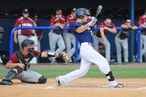 Second baseman Brendon Sanger had three runs and three hits during Saturday's Sun Belt Conference game against Arkansas State. FAU won 5-4 to secure their spot in Sunday's Sun Belt Conference Championship game. Photo by Michelle Friswell