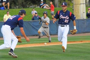 Pitcher Jake Meiers (left) and third baseman Rickey Santiago (right) scramble avoid Toledo scoring another run in the Saturday afternoon loss. to Photo by Michelle Friswell.