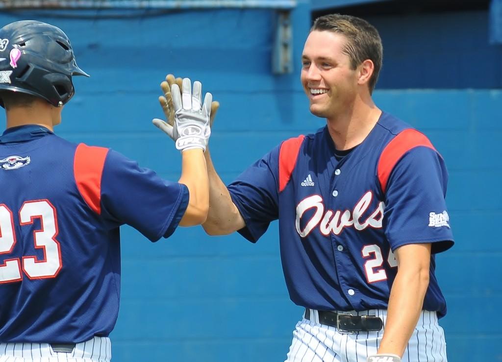 Out fielder Tyler Rocklein pushed FAU past Troy 3-1 with his two run home run in extra innings. Photo by Michelle Friswell