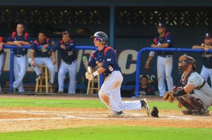 Outfielder Geoff Jimenez was the only Owl to have both a hit and a run in Friday's 7-2 NCAA tournament loss against Towson. Photo by Michelle Friswell.