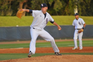 Starting pitcher Austin Gomber held the University of South Alabama to only three runs while striking out six batters. FAU beat USA 6-3 in the Friday night game to start the weekend series. Photo by Michelle Friswell.