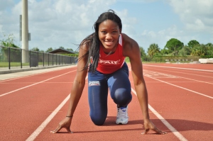 Aromashodu, a back-to- back Sun Belt Conference champion hurdler, in prime position on the track. Photo by Michelle Friswell.