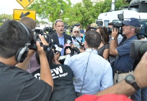 FAU Police Chief Charles Lowe adresses the media at a press conference regarding the shooting of a homeless man on the roof of the Pace Americas building at Inovation Centre Friday morning. Photo by Michelle Friswell.