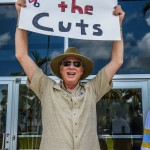 Adjunct professor Mike Budd holds up a sign at the faculty protest on Wednesday. Budd said the Provost’s Office did not consult deans before making guidelines for summer classes. Photo by Christine Capozziello.