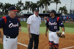 Current coach John McCormack (left), former coach Kevin Cooney (middle), and catcher Mike Spano (right) share a moment before the 2012 Manhattan series. Photo by Michelle Friswell.