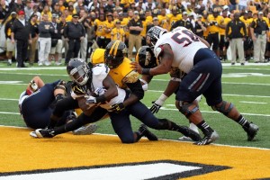 Damian Fortner scores a touchdown against Southen Miss last weekend. Photo comes courtesy of Josh Fryd. 