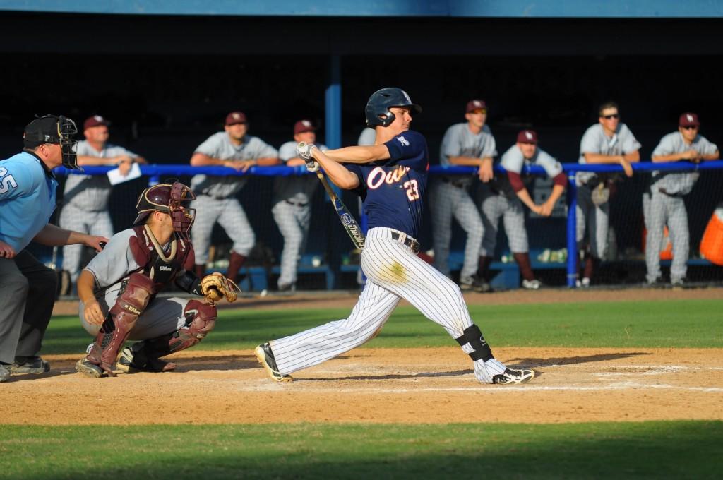 Second baseman Brendon Sanger picked up two runs and two hits to try and push past University of Arkansas-Little Rock in the second game of the doubleheader. FAU came up short to UARL 14-10. Photo by Michelle Friswell