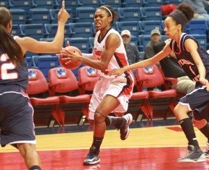 Owls guard Briah Blakely keeping up with her South Alabama opponent in Saturday's 59-56 win. Photo by Chip English.