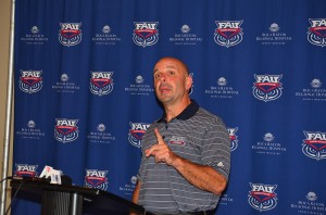 FAU head football coach Carl Pelini addressing the media after the Owls' 2013 recruiting class was announced. Photo by Max Jackson.