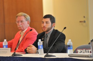 Senior communications major Andrew "AJ" Einbinder, Search Committee student representative; and Ronald Nyhan, Faculty Senate President. Photo by Michelle Friswell.