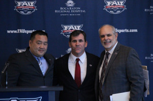 Athletic Director Patrick Chun (left) stands with  Charlie Partridge (middle) and Interim President  Dennis Crudele (right) at Tuesday's Press Conference. Photo by Tico Baez