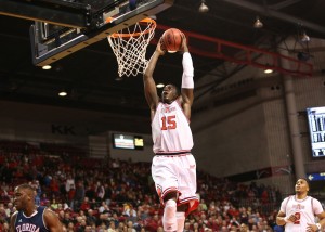 Brandon Peterson finishes strong on a fast break. Photo courtesy of Arkansas State Media Relations.