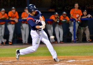 Outfielder Tyler Rocklein hits a two RBI home run, giving the Owls a 3-0 lead over UM at the bottom of the fifth inning. Photo by Ryan Murphy.